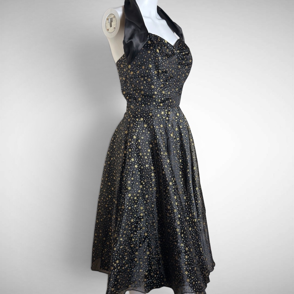 Vivien Of Holloway Black Gold Star HSwing Dress UK 12 Rockabilly Pinup 50s Retro - Picture 2 of 8